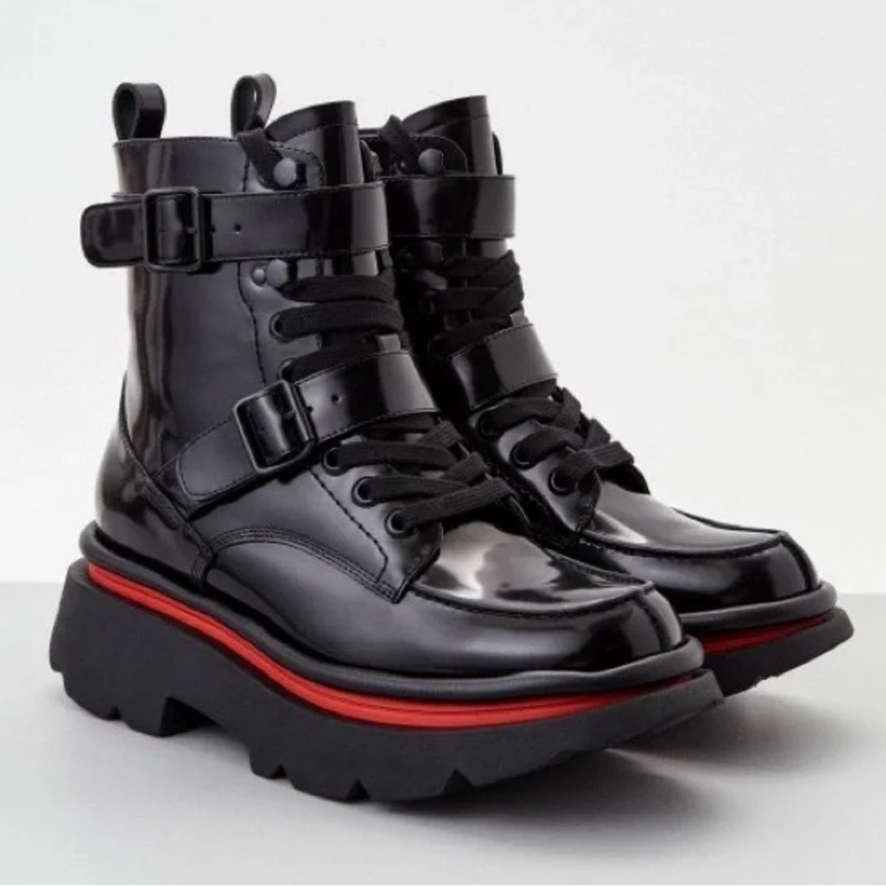 Glossy Black Platform Boots with Red Accent